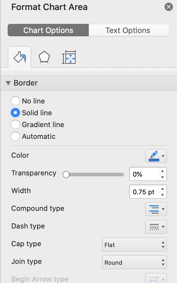 The border tool for pie charts in excel in the Format Chart Area sidebar.